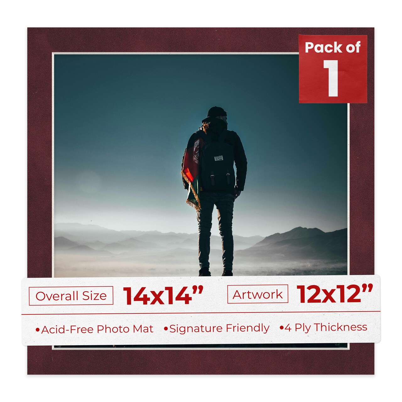 Dark Red Suede Mat Board for 14x14 Frames - Fits 12x12 Photos